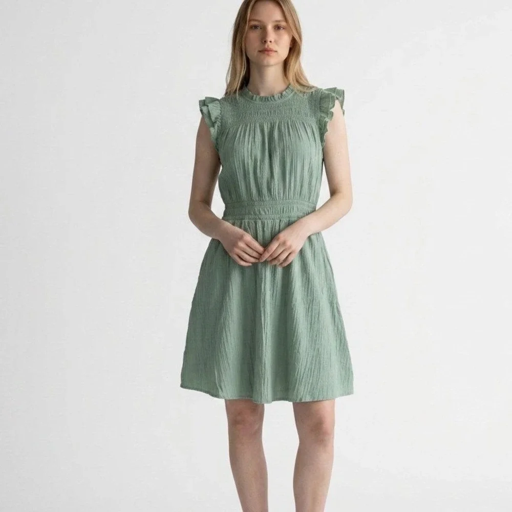 J. Crew Sage Green Ruffle Mini Dress SZ M Crinkle Fabric Keyhole Back